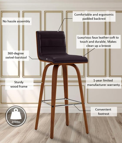 Vienna 30" Swivel Bar Stool in Walnut Wood Finish with Brown Faux Leather - Set of 4