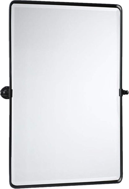 TEHOME Matt Black Pivot Rectangle Bathroom Vanity Mirrror Farmhouse Tiltable Rounded Metal Framed Pivoting Bathroom Mirror with Beveled Mirrror, Overall 27 x 35 inches (Mirrror 23 x 35 inches)