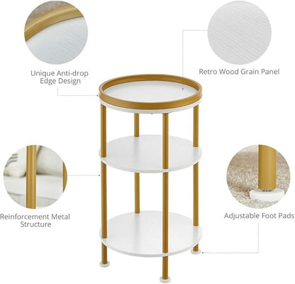 Small Round End Table with Charging Station, 3-Tier Accent Couch Beside Table with USB Ports & Power Outlets, Sofa Side Table for Living Room Small Nightstand Bedroom (Classic, White+Gold)