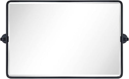 TEHOME 20x33'' Horizontal Farmhouse Black Metal Framed Rounded Pivot Rectangle Bathroom Mirror Tilting Beveled Vanity Mirrors for Wall