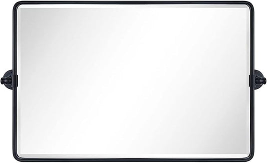 TEHOME 20x33'' Horizontal Farmhouse Black Metal Framed Rounded Pivot Rectangle Bathroom Mirror Tilting Beveled Vanity Mirrors for Wall
