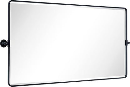 TEHOME 58 x 28'' Pivot Full Length Bathroom Vanity Mirror Matt Black Metal Framed Full Body Tilting Beveled Vanity Mirrors Wall Mounted Floor Pivoting Mirror for Bathroom, Living Room