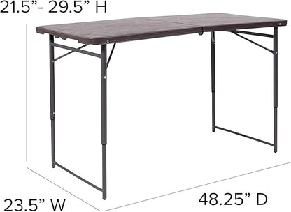 Flash Furniture Mills 4-Foot Height Adjustable Bi-Fold Brown Wood Grain Plastic Folding Table with Carrying Handle