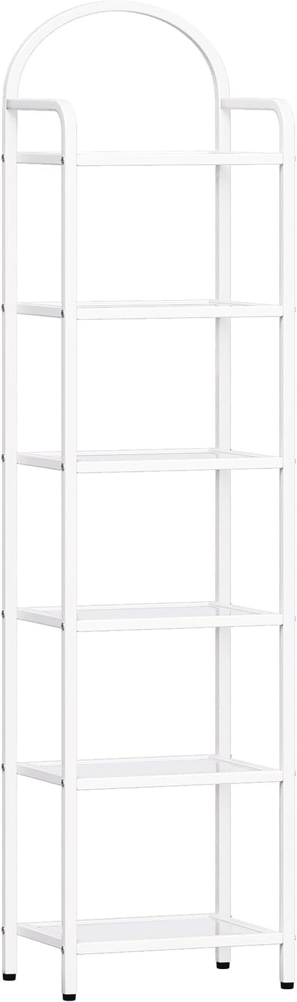 Bookcase Bookshelf, Tempered Glass Bookshelves, Slim Shelving Unit for Bedroom, Bathroom, Home Office, Steel Frame, 6 Tier White BC10699W