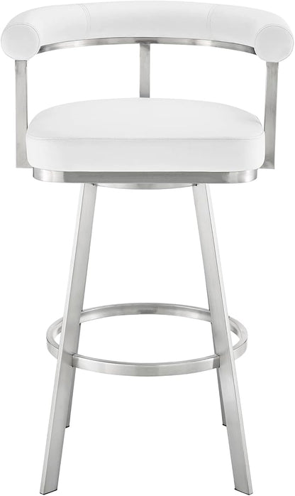 Armen Living Magnolia Swivel Bar Stool in Brushed Stainless Steel with White Faux Leather