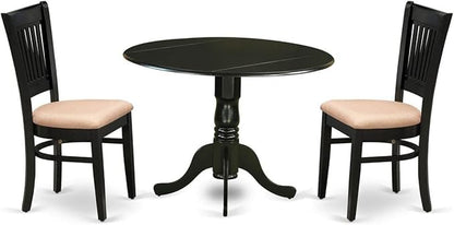 East West Furniture DLVA3-BLK-C 3 Piece Kitchen Table Set for Small Spaces Contains a Round Dining Room Table with Dropleaf and 2 Linen Fabric Upholstered Chairs, 42x42 Inch, Black