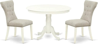 East West Furniture HLGA3-LWH-35 3 Piece Dining Room Table Set Contains a Round Kitchen Table with Pedestal and 2 Doeskin Linen Fabric Parsons Dining Chairs, 42x42 Inch, Linen White