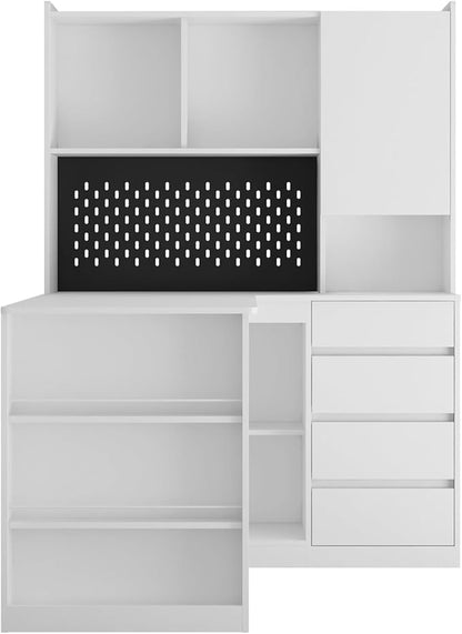 KEIKI L Shaped Home Office Desks with LED Light, Pegboard, Hutch, Drawers, Bookshelf & Storage Shelves, Modern Wooden Gaming Computer Corner Table for Work, Study, Writing