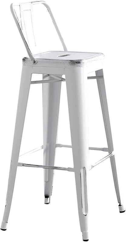 AC Pacific 30” Metal Barstool Set of 2 – Country Rustic Style with Low Back, Lightweight & Sturdy Build, Easy Assembly – Distressed Snow White