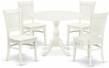 East West Furniture DMVA5-LWH-W 5 Piece Modern Dining Table Set Includes a Round Wooden Table with Dropleaf and 4 Kitchen Dining Chairs, 42x42 Inch, Linen White