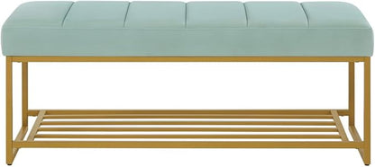 24KF Seaglass Velvet Upholstered End of Bed Bench with Metal Shelf, Modern Tufted Channel Entryway Bench Footboard Bench for Living Room, Bedroom, Gold Bench,5036-Seagalss