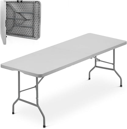 Athena Collection 8 ft Square Folding Dining Table, Large Plastic Foldable Table Portable with Carry Handle, Heavy Duty Fold-in-Half Utility for Indoor Outdoor Party Camping Picnic, Grey