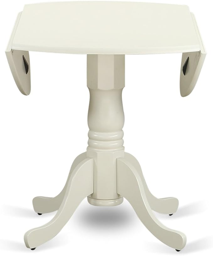 East West Furniture DLAD5-LWH-LC 5 Piece Modern Dining Table Set Includes a Round Wooden Table with Dropleaf and 4 Faux Leather Dining Room Chairs, 42x42 Inch, Linen White