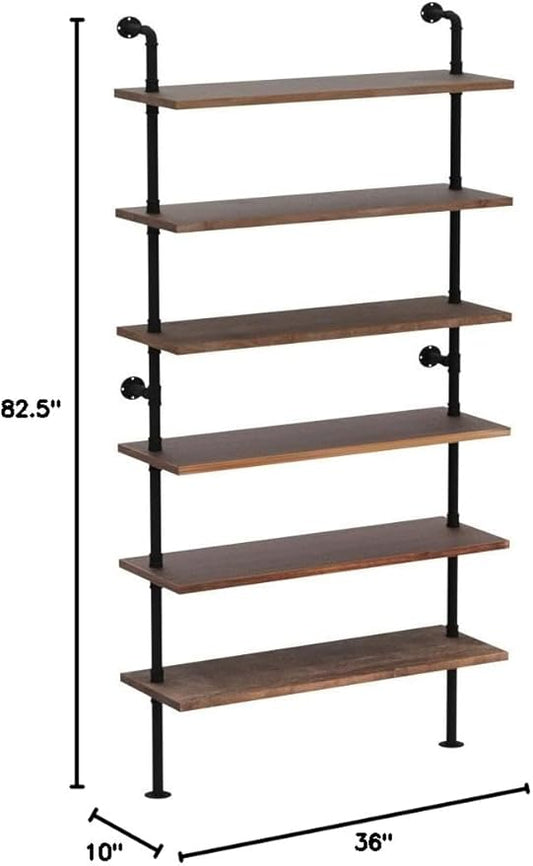 6 Tier Industrial Ladder Pipe Shelf Bookcase, Rustic Wall Mounted Pipe Bookshelves for Decor and Storage