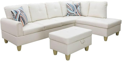 White L-Shaped 3-Piece Faux Leather Sofa with Storage Ottoman Set, Sectional Couch Sofa Set for Living Room, Office, Small Space