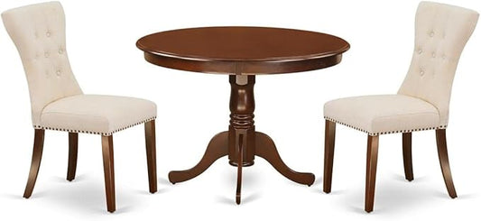 East West Furniture HLGA3-MAH-32 3 Piece Dining Room Table Set Contains a Round Dining Table with Pedestal and 2 Light Beige Linen Fabric Upholstered Chairs, 42x42 Inch, Mahogany