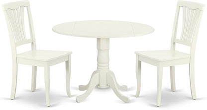 East West Furniture DLAV3-LWH-W 3 Piece Dining Table Set for Small Spaces Contains a Round Dining Room Table with Dropleaf and 2 Wood Seat Chairs, 42x42 Inch, Linen White