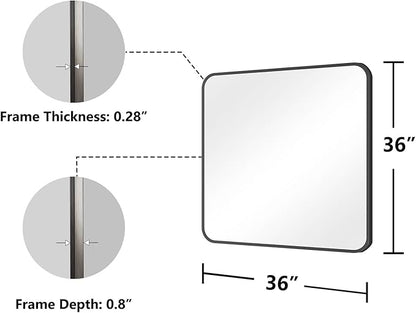 Koonmi Bathroom Mirror, 36X36 Inch Black Metal Framed Mirror for Bathroom, Tempered Glass, Anti-Rust, Rounded Rectangle Mirror for Restroom, Bedroom, Black