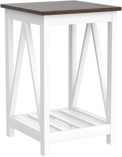 ChooChoo Farmhouse End Table, Rustic Vintage End Side Table with Storage Shelf for Small Spaces, Nightstand Sofa Table for Living Room, Bedroom White 2 Pack