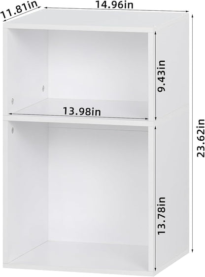 YAHARBO 2 Cube Bookshelf, White Record Player Stand with Vinyl Storage Up to 100 Albums, Horizontal Low Book Shelf, Mini Bookcase with Storage Organizer, Small Turntable Stand for Living Room, Bedroom