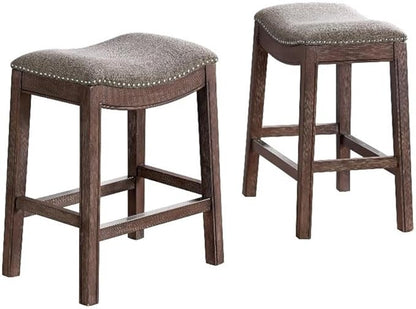 Williston Dark Brown Wood Counter Height Stool Set of 2, 18.25 in. W Seat with Linen-Like Fabric & Silver Satin Nail Heads, Kitchen Furniture Bar Stools w/Solid Rubberwood Frame & Metal Kick Plate