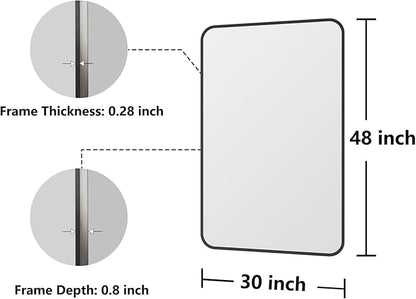Bathroom Mirror, 30X48 Inch Black Metal Framed Mirror for Bathroom, Tempered Glass, Anti-Rust, Rounded Rectangle Mirror for Restroom, Bedroom, Black