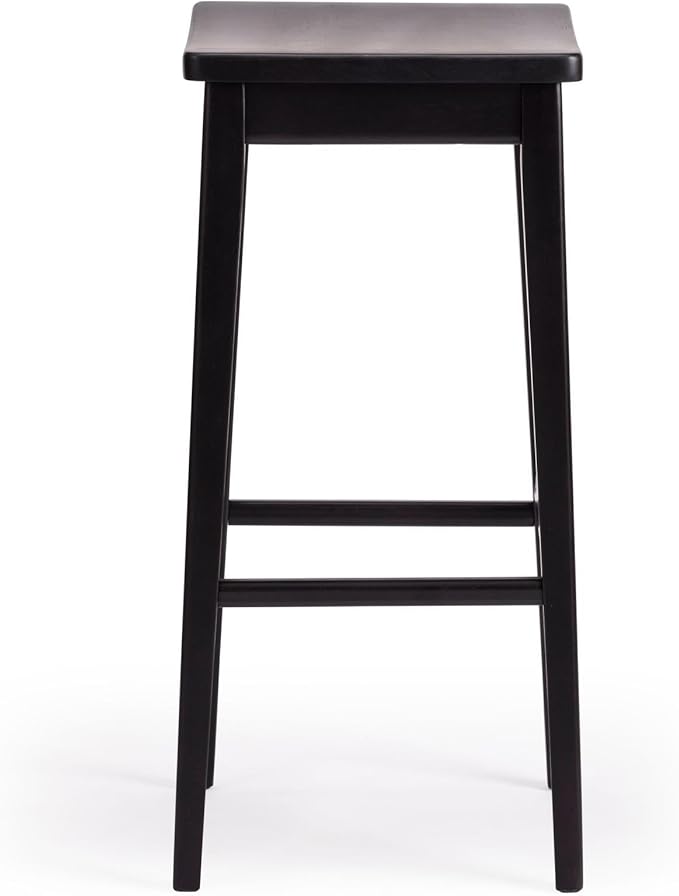 Plank+Beam Smythe Bar Stool, 30", Set of 2, Sturdy Wood Modern Kitchen Bar Height Stool, Saddle Seat Backless Counter Chair, Metal Footrest, Black