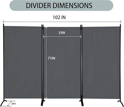 Room Divider 3-Panel Privacy Screen, Portable Screen Steel Frame with Hook&Loop for Home, Office, Classroom, Studio, Meeting (Grey