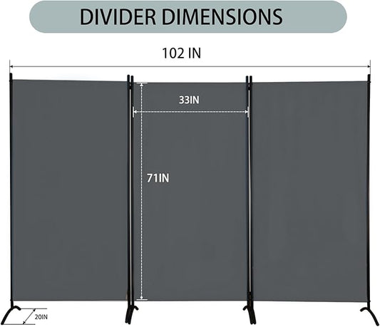Room Divider 3-Panel Privacy Screen, Portable Screen Steel Frame with Hook&Loop for Home, Office, Classroom, Studio, Meeting (Grey