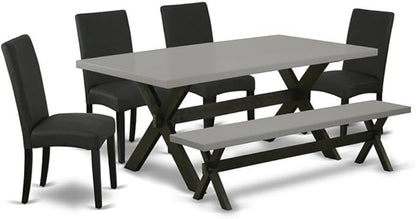 East West Furniture X697DR124-6 6 Piece Dining Set Contains a Rectangle Dining Room Table with X-Legs and 4 Black Color Linen Fabric Parson Chairs with a Bench, 40x72 Inch, Multi-Color
