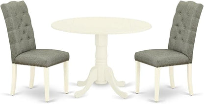 East West Furniture DLEL3-WHI-07 3 Piece Modern Dining Table Set Contains a Round Wooden Table with Dropleaf and 2 Gray Linen Fabric Parson Dining Room Chairs, 42x42 Inch, Linen White