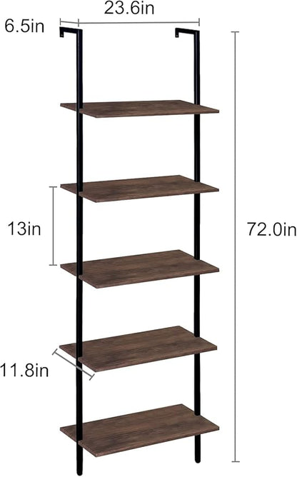 5 Tiers Ladder Shelf Brown Modern Bookshelf Open Tall Wall Mount Bookcase Standing Leaning Wall Shelves Industrial Decorative Living Room Bed Room