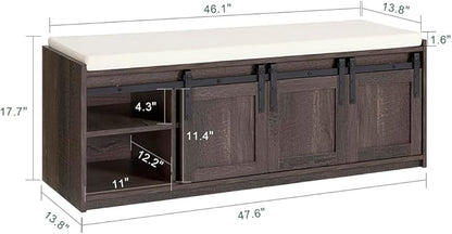 Haotian Industrial Style Shoe Storage Bench, Entryway Hallway Shoe Cabinet, Sliding Barn Doors, Drawer & Padded Seat Cushion, Rustic Window Bench for Mudroom (Brown)