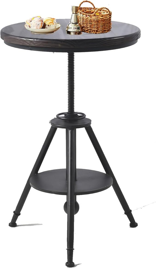Industrial Vintage Cafe Farmhouse Dining Table - Rustic Round Wooden Top, Height Adjustable 21-29in