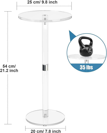 Acrylic End Table, Clear Side Tables for Small Space, 9.8" Round Modern Drink Table for Living Room, Bedroom, Bathroom, Office, Outdoor, Business, Sturdy and Easy to Install