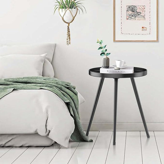 Stylish Round End Table - Small Side Table, Mini Metal Bedside Table for Living Room, Bedroom, Sofa Side - Modern Black Decor for Small Spaces