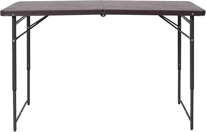 Flash Furniture Mills 4-Foot Height Adjustable Bi-Fold Brown Wood Grain Plastic Folding Table with Carrying Handle