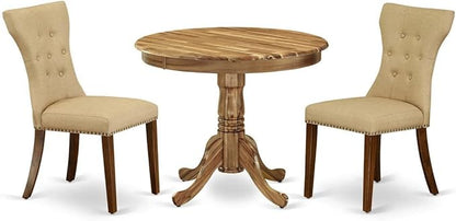 East West Furniture ANGA3-ANA-03 3 Piece Dining Table Set for Small Spaces Contains a Round Kitchen Table with Pedestal and 2 Brown Linen Fabric Parsons Chairs, 36x36 Inch, Natural