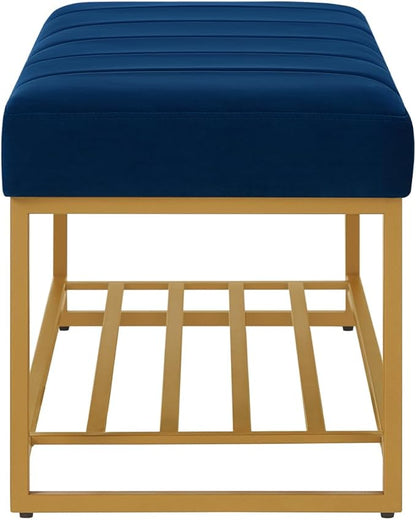 24KF Navy Velvet Upholstered End of Bed Bench with Metal Shelf, Modern Tufted Channel Entryway Bench Footboard Bench for Living Room, Bedroom, Gold Bench,5036-Navy