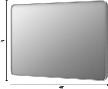 48x32 Silver Bathroom Mirror for Wall, Brushed Metal Framed Bathroom Vanity Mirror, Modern Rectangle Mirror, Rounded Corners, Shatterproof (Horizontal/Vertical)
