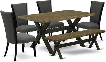 East West Furniture X676VE650-6 6 Piece Dining Set Contains a Rectangle Dining Room Table with X-Legs and 4 Dark Gotham Linen Fabric Parson Chairs with a Bench, 36x60 Inch, Multi-Color