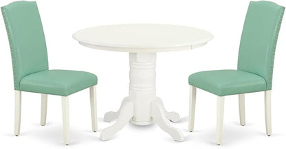 East West Furniture SHEN3-LWH-57 3 Piece Kitchen Table & Chairs Set Contains a Round Dining Room Table with Pedestal and 2 Pond Faux Leather Parsons Dining Chairs, 42x42 Inch, Linen White