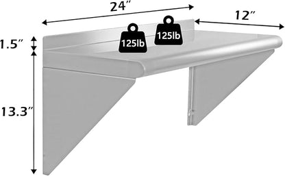 12''x24'' Wall Mounted Stainless Steel Shelf NSF Commercial Metal Wall Mount Floating Shelving for Kitchen, Restaurant, Food Truck,Garage,Washrooms,Home&Hotel