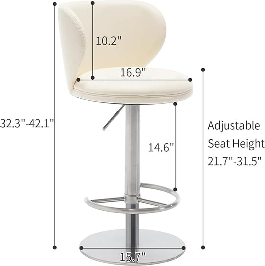Black Titanium Stainless Steel Bar Stools,Grade Modern Leather Bar Chair with Backrest,Swivel Adjustable Height for Kitchen Counter and Dining Room (White Leather-2pcs)