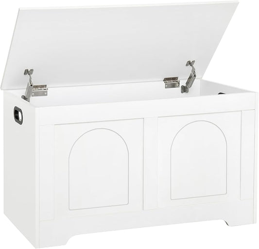 DINZI LVJ Storage Chest, 31.5”Wooden Toy Box with 2 Safety Hinges, Entryway Storage Bench with Flip-Top, Sturdy Storage Trunk for Living Room, Bedroom, Easy Assembly, White