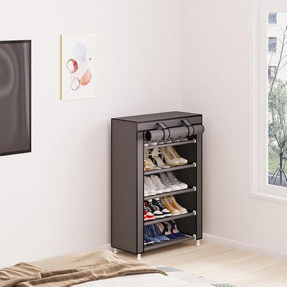 Calmootey 5 Tier Shoe Rack Organizer,Portable Shoe Shelf with Nonwoven Fabric Cover for Closet Hallway,Bedroom,Entryway,Grey