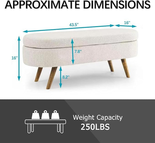 Oval Storage Bench 43.5" Linen Fabric Upholstered Entryway Bench with Solid Wood Legs Ottoman Bench Indoor Bench for Living Room/Bedroom/End of Bed/Entryway (Beige)