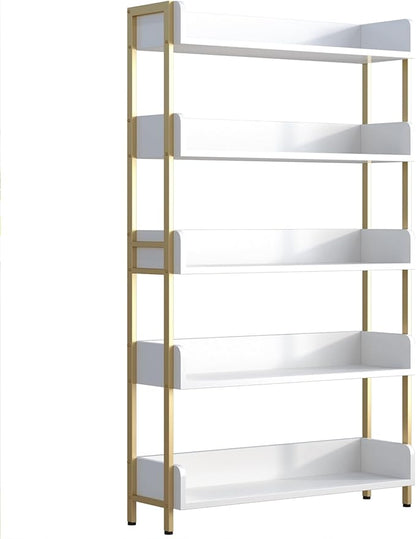 Wide Open Shelf Bookcase - Modern 5-Tier Floor Standing Display Bookshelf with Top Edge for Home and Office, Storage Shelving in Warm White with Gold Frame