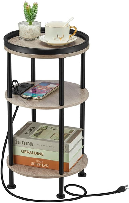 Small Round Side Table with Charging Station for Small Spaces, 3-Tier Accent Table with USB Ports & Power Outlets, Corner Tea Table Sofa Table for Living Room Nightstand Bedroom Apartment(USB,Oak)