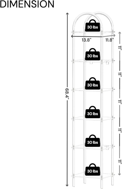 6-Tier Tall Acrylic Arched Bookcase, 13.8''W x 11.8''D x 68.4''H, Clear Narrow Bookshelf for Small Space, Open Book Shelves for Home Office, Living Room, Bedroom, Modern
